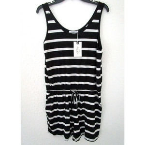 REORIA Womens L Black White Stripes Romper Pockets Playsuit Beach Sleeveless NEW
